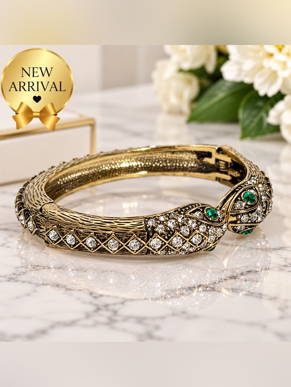 🐍 Gold-Tone Crystal Snake Hinged Bangle Bracelet 🐍